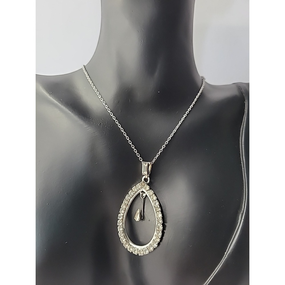 Vintage Teadrop Halo Pendant Necklace Silver Tone Chain Crystals Bridal Jewelry